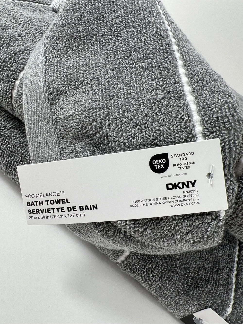 DKNY Eco Melange Bath Towels Medium Gray White Stripe Soft Cotton Set of 2 NEW